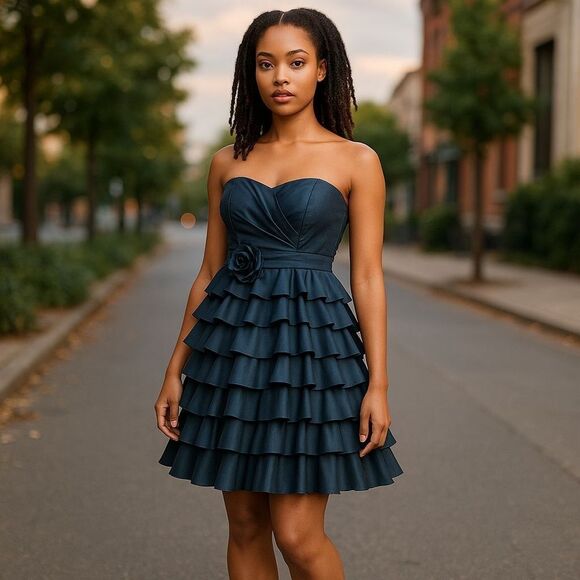 Betsey Johnson Collection Y2K Sweetheart neckline 100% Silk Ruffled Mini Dress 4 - Picture 1 of 14